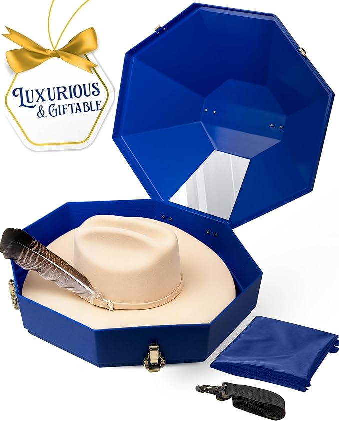Cowboy Hat Box for Travel – Cowboy Hat Travel Case Hard w/Mirror, Latches & Bag – Hat Can - Western Hat Boxes for Men & Hat Boxes for Women Storage - Royal Blue
