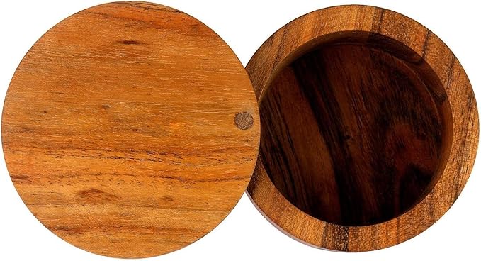 Kaizen Casa Acacia Wood Salt or Spice Box with Swivel Cover perfect for keeping table salt, gourmet salts, herbs or favorite seasonings, close at hand on your countertop.
