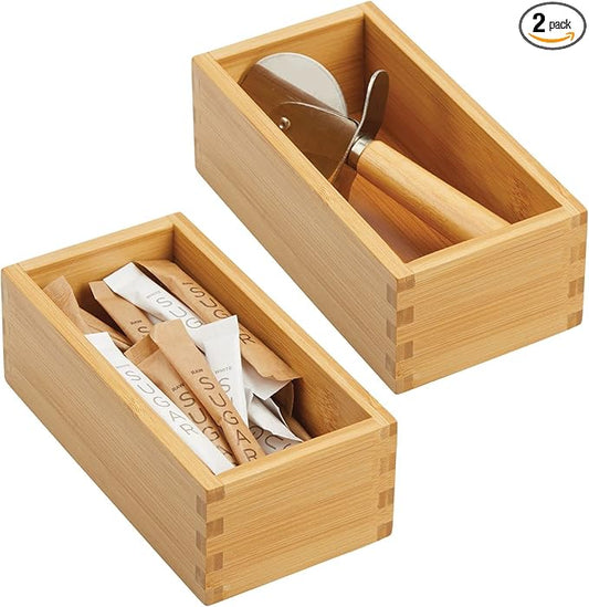 mDesign Bamboo Storage Bin Container, Drawer Organizer Crate Boxes for Kitchen Pantry Cabinet, Shelf, Island or Countertop, Holds Snacks, Spices, or Drinks, Echo Collection, 2 Pack, Natural/Tan