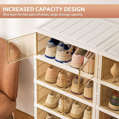 SYNCVIBE Foldable Shoe Rack Organize 6 Tier Plastic Shoe Shelf, 12 Pairs Collapsible Shoes Storage Bins, Large Folding Shoe Boxes for Closet with Doors, Stackable Storage Shoe Cabinet