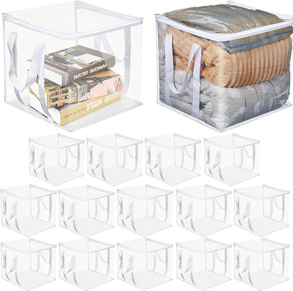 16 Pcs Clear Zippered Organizers 12''x12''x12'' Moving Bags with Reinforced Handles Heavy Duty Storage Cube Tote Storage Blanket Bags Bins for Clothes Moving Supplies Linens Shoes Closet Organizer