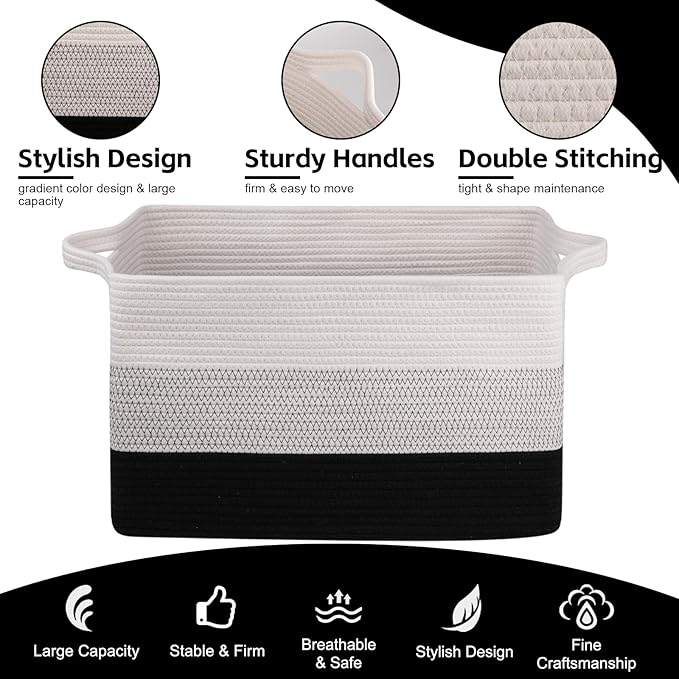 OIAHOMY Extra Large Blanket Basket, 95L Cotton Rope Woven Laundry Basket, Toy Bin for Baby Room, Container for Blanket Storage in Living Room, 24''×17''×14'', Gradient Black