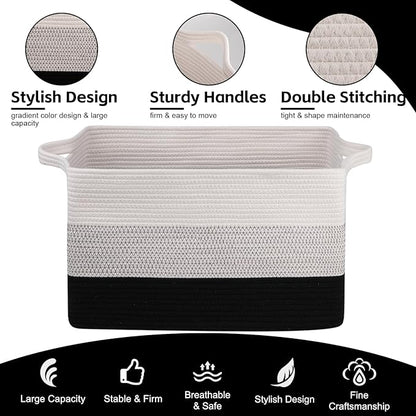 OIAHOMY Extra Large Blanket Basket, 95L Cotton Rope Woven Laundry Basket, Toy Bin for Baby Room, Container for Blanket Storage in Living Room, 24''×17''×14'', Gradient Black
