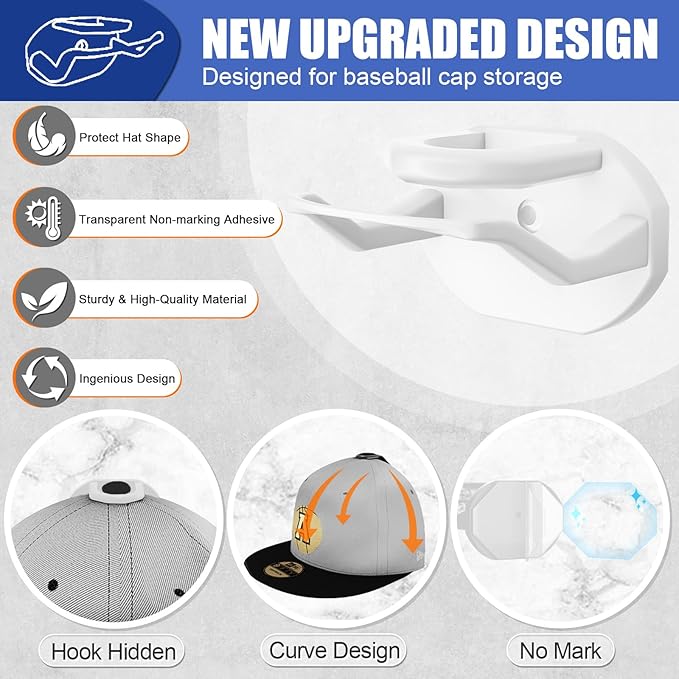 Niunuerga 24 Pack Adhesive Hat Hooks for Wall, Strong Hat Rack for Baseball Caps, Hat Organizer Display for Home Decor, Hat Hold Hanger for Wall, Door, Closet, No Drilling (White)