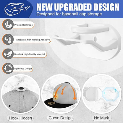 Niunuerga 24 Pack Adhesive Hat Hooks for Wall, Strong Hat Rack for Baseball Caps, Hat Organizer Display for Home Decor, Hat Hold Hanger for Wall, Door, Closet, No Drilling (White)