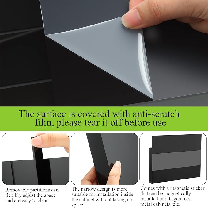 Honeydak Magnetic Acrylic Straw Holder for Cabinet Door with Adhesive Tapes and 5 Removable Partitions, Reusable Straw Organizer Storage Space-saving for Cabinet Door Fridge Kitchen(Black,9.8 Inch)