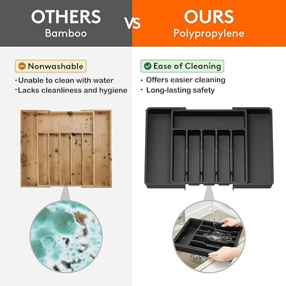 Silverware Drawer Organizer - Expandable Deep Utensil Organizer for Kitchen Drawers(13"-22.4" x 15", Black)