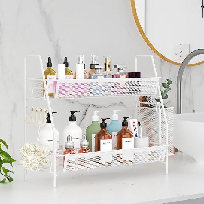 VITVITI 2-Tier Bathroom Organizer Countertop, Metal Wire Mesh Bathroom Counter Organizer Storage with Basket Hooks, Vanity Tray Shelf, Kitchen Spice Rack, White