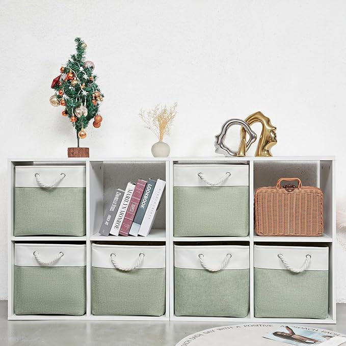 13 x 13 Inch Extra Large Storage Cubes,6 Pack Cube Storage Bins for Shelves，Fabric Collapsible Storage Bins with Handles, Foldable Storage Basket for Organizing Clothes, Toys (White&Green)
