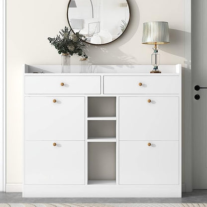 JIVOIT 2-Tier Shoe Storage Organizer, Modern Wooden Shoe Cabinet with 4 Flip Drawers, Multifunctional Free Standing Shoe Rack for Entrance Hallway Small Spaces (White+4 Flip Drawers)