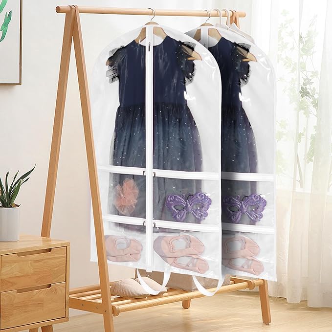 KEEGH CLear Garment Bags for Dance Costumes 40 inch Dance Garment Bags for Dancers Hanging Clothes for Closet Storage, with 4 Zipper Pockets for Dance Competitions, Ballet, Theatre, 2 Pack, White