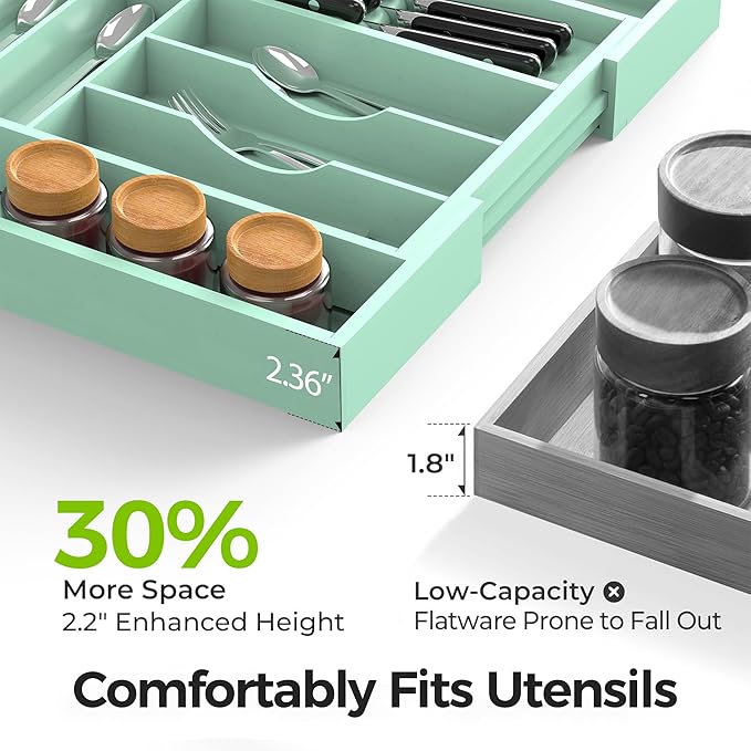 Bamboo Kitchen Drawer Organizer, Expandable Silverware Organizer with Removable Knife Block, 6-8 Slots- Utensil Holder & Cutlery Tray Drawer Dividers, 2.36" Deep for Extra Capacity, Cyan