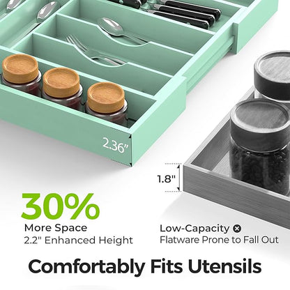 Bamboo Kitchen Drawer Organizer, Expandable Silverware Organizer with Removable Knife Block, 6-8 Slots- Utensil Holder & Cutlery Tray Drawer Dividers, 2.36" Deep for Extra Capacity, Cyan