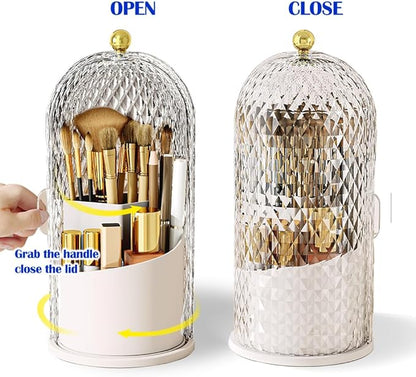 Makeup Brush Holder with Lid, 360 Rotating Multifunction Clear Dustproof Skincare Cosmetic Tools Storage Organizer for Vanity Desktop Bathroom Countertop (White)