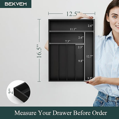 Bamboo Silverware Organizer, Kitchen Drawer Organizer, Utensil Holder, Cutlery Tray & Spoon Flatware Storage with Grooved Drawer Dividers (Black, 12.5''W x 16.5''D)