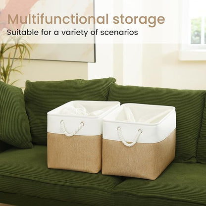 Large Storage Baskets- 16x12x12 inch Storage Bins for Shelves and Closet Organizing, Foldable Fabric Bin for Home Organization Clothes and Laundry (1-Pack, White&Khaki)