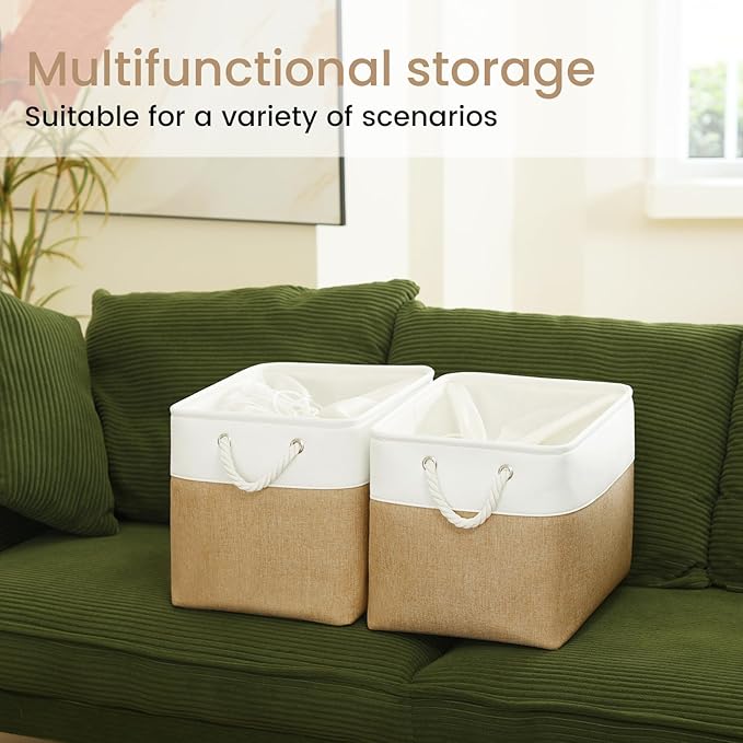 Large Storage Baskets- 16x12x12 inch Storage Bins for Shelves and Closet Organizing, Foldable Fabric Bin for Home Organization Clothes and Laundry (3-Pack, White&Khaki)