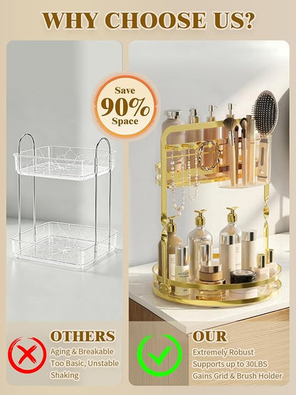 360 Rotating Makeup Organizer for Vanity, Gold Perfume Organizer, 2-Tier Lazy Susan for Bathroom Counter Organizer, Large Spinning Skincare Dresser Storage with Brush Holder & Jewelry Hooks