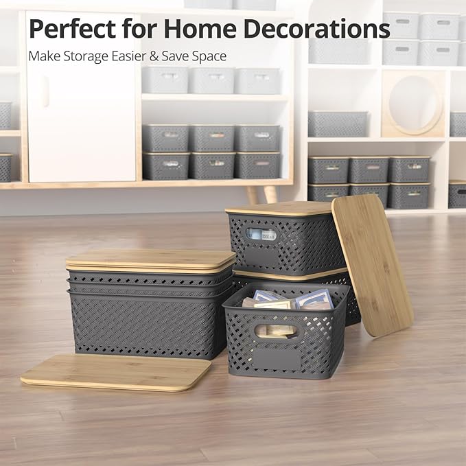 Plastic Storage Bins with Bamboo Lids, Stackable Small Box Baskets for Organizing and Containers for Shelves Drawers Desktop Closet Pantry Classroom Office Home, 6 Pack 10.2x7.2x4.1 Inch, Gray