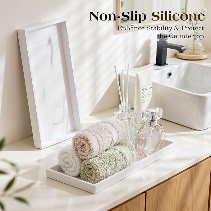 Luxspire Bathroom Vanity Tray, 11.8 x 5.1 Silicone Kitchen Counter Tray for Soap Dispenser, Bathroom Countertop Organizer for Perfume Soap Towel Bathroom Accessories, 2 Packs, Marble White
