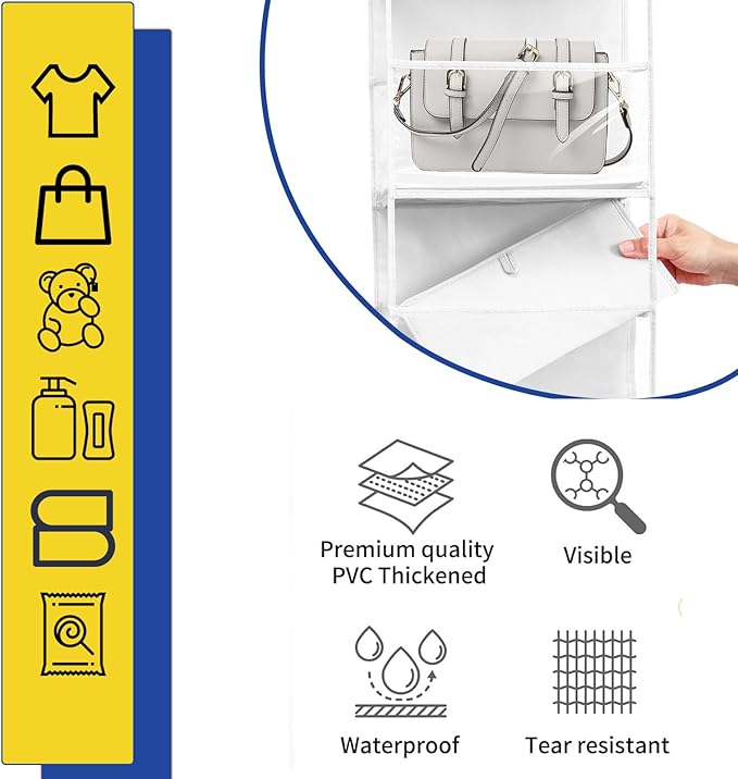 2 Packs Over The Door Organizer - 6-Shelf Hanging Storage Organizer with Clear Plastic Pockets - Large Capacity Pantry Storage Shelf for Bathroom, Bedroom, Nursery (White)