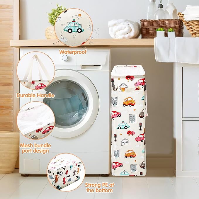 Odonata Slim Laundry Hamper Handles Collapsible Laundry Basket Thin Dirty Clothes Basket Narrow Laundry Bag Foldable Dirty Hamper 48L (Car)