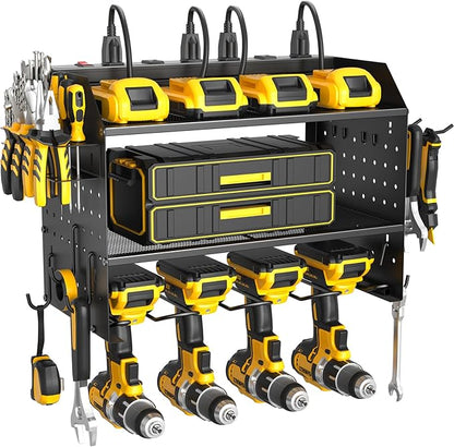 ZESEN Power Tool Organizer Wall Mount, 3 Layer Charging Station with 6 Outlets, 4 Drill Holders and Drill Bit Rack, Tool Holder Storage Shelf Rack for Garage, Workbench and Workshop, Black