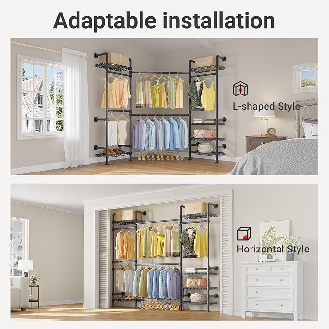 Timate F3 Medium Wall Mounted Clothes rack Expandable Closet, Industrial Pipe Clothing Rack for Hanging Clothes, Heavy Duty Clothes Rack with Shelves, Garment Rack Wall Closet System Black Pipe Closet