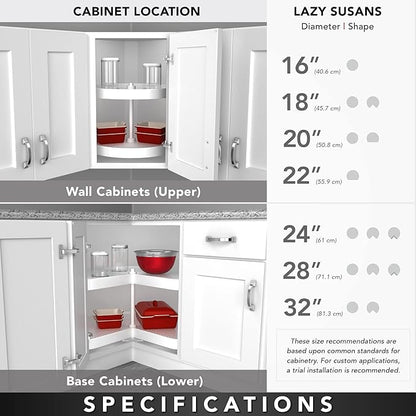 Rev-A-Shelf 24" Kidney Shaped Dual Tier Lazy Susan Organizer for Corner Base Kitchen Cabinets, Plastic Home Storage Shelves, 24" W x 14.31" D x 26" H, White, 3472-24-11-52