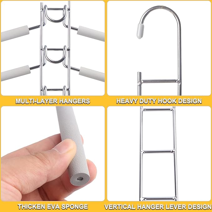 Clothes Hanger Space Saver: 4 Pack 5 in 1 Multiple Hangers for Clothes Non-Slip Foam Padded Heavy Duty Hanger Closet Organizer Storage | Set of 4 Multi Shirt Hanger