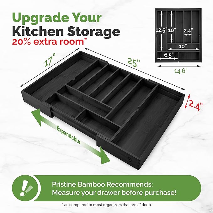 Pristine Bamboo Silverware Organizer - Expandable Kitchen Drawer Organizer - Adjustable Kitchen Drawer Organizer for Utensils, Expandable to 25 Inches Wide, 10 Slots - Black