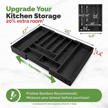 Pristine Bamboo Silverware Organizer - Expandable Kitchen Drawer Organizer - Adjustable Kitchen Drawer Organizer for Utensils, Expandable to 25 Inches Wide, 10 Slots - Black