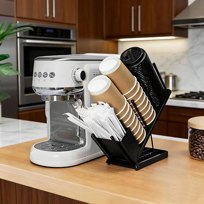 Adjustable Coffee Cup and Lid Holder, Disposable Cup Dispenser Organizer Stand for Countertop Coffee Bar Station, Bakery & Breakroom, Fits 3.14 Inch Cup Mouth (8oz/10oz/14oz/16oz Cups)