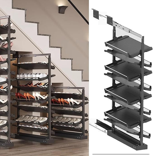 Pull-Out Shoe Rack Organizer for Closet Shoe Cabinet,Adjustable Height Retractable Metal Stackable Shoe Rack, Vertical Shelf Organizer for Small Bedroom Closet, Space Saving Storage, Black(53cm,8 Tier