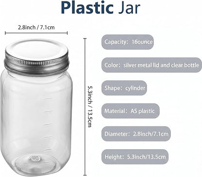 novelinks 16 oz Clear Plastic Jars with Lids, Refillable 16oz Mason Jars with Lids & Storage Containers for Kitchen & Household Use (15 Pack,Silver)