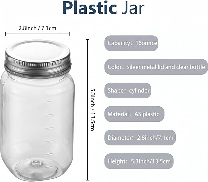 novelinks 16 oz Clear Plastic Jars with Lids, Refillable 16oz Mason Jars with Lids & Storage Containers for Kitchen & Household Use (10 Pack,Silver)