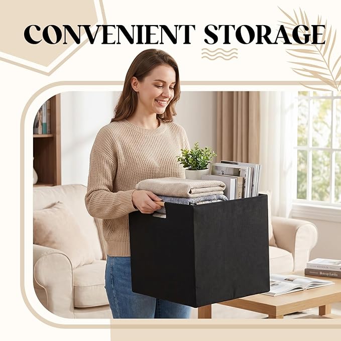 Cinnvoice 3 Pack Fabric Storage Bins for Closet Shelves, Rectangle Wardrobe Organizer with Handle, Collapsible Shelves Storage Basket for Sorting Clothes and Toy (Black,13 x 13 x 13 Inch)