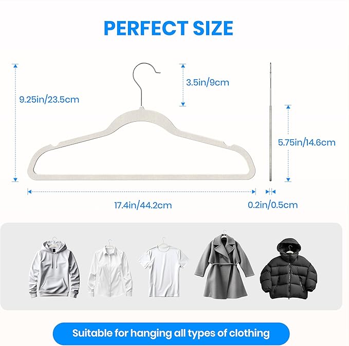 Simple Deluxe Velvet Hangers 50 Pack, Space Saving Heavy Duty Clothes Hangers, Non-Slip Closet Hanger for Coat, Sweater, Suit and Shirt with Shoulder Notches, 360° Swivel Hooks, White