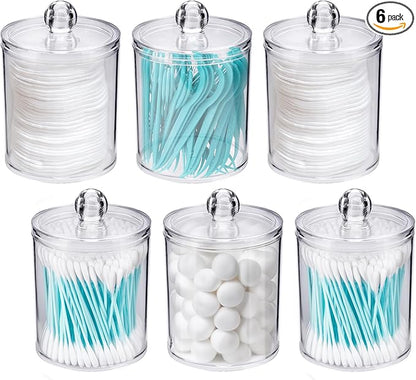 WEISHI 6 Pack Qtip Holder Dispenser -Cotton Ball, Swab, Round Pads, Floss , Small Clear Plastic Apothecary Jar Containers with Lids for Bathroom Storage and Organization, Vanity Organizer