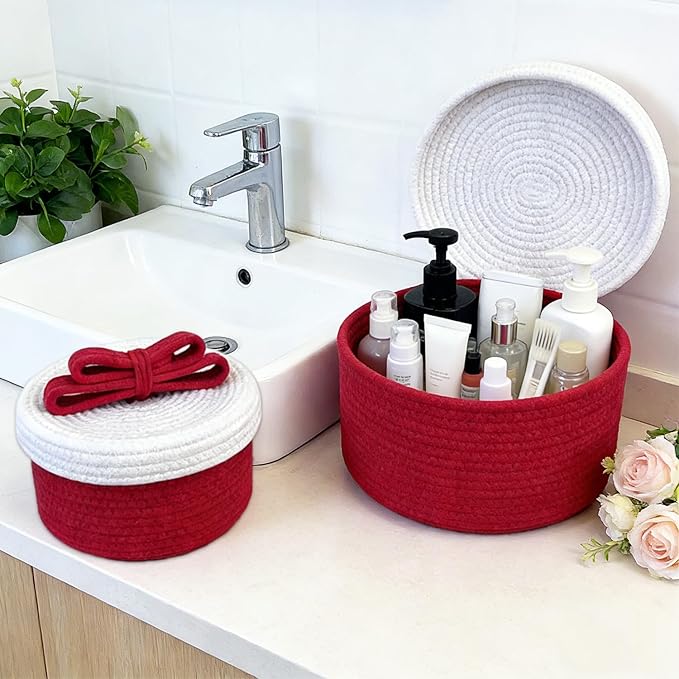 Small Storage Baskets with Lids, Round Woven Rope Basket with Lid, Cute Storage Box for Small Toy, Gift or Home Decor, Decorative Basket with Cute Bow Handle, Red