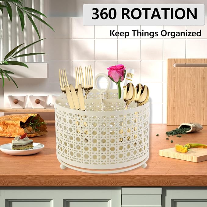 NelyBet 360° Rotating Rotating Utensil Caddy With Handle, Cutlery Silverware Caddy Holder Flatware Organizer with 4 Compartment For Kitchen Countertop Party Office Cream White
