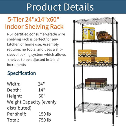 Storage Metal Utility Shelves, 5-Tier 24" Steel Garage Storage Wire Shelving Unit,750Lbs Rust-Proof Storage Racks w/Leveling Feet, NSF Certification Shelf for Kitchen Office Garage