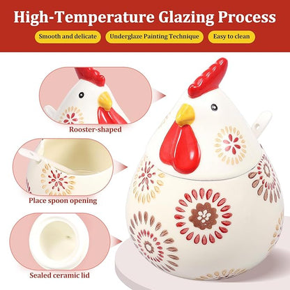 Ceramic Salt Cellar with Lid and Spoon,17oz Large Chicken Rooster Cookie Jar Salt Containers Holder for Countertop Spices,Cute Farmhouse Kitchen Decor,Spice Jar for Coffee,Sugar,Spices,Candies (#C)
