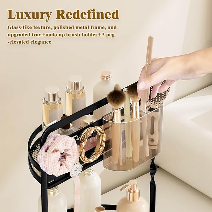 360 Rotating Makeup Organizer, Black Perfume Organizer for Dresser, 2-Tier Bathroom Countertop Organizer, Lazy Susan Skincare Storage, Spinning Vanity Tray with Jewelry Hooks & Brush Holder