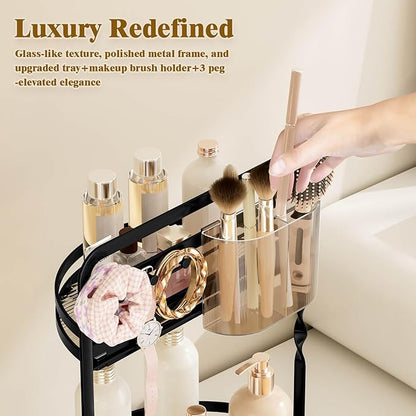 360 Rotating Makeup Organizer, Black Perfume Organizer for Dresser, 2-Tier Bathroom Countertop Organizer, Lazy Susan Skincare Storage, Spinning Vanity Tray with Jewelry Hooks & Brush Holder