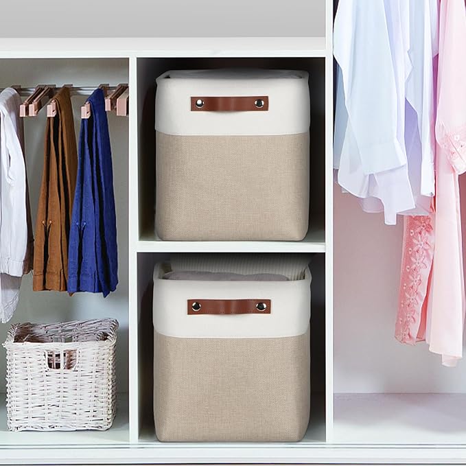 Fabric Storage Cubes 10.5”x10.5”x11” Cube Storage Bins for Closet Organizers and Storage Shelves Foldable Storage Bin with Handles, 6 Pack, Beige, PU Leather Handle