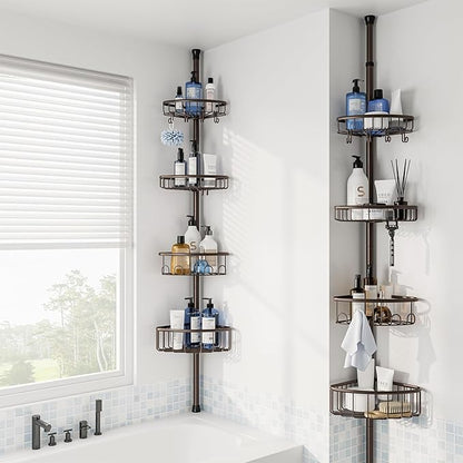 Corner Shower Caddy Tension Pole: Stainless Steel Rustproof 4-Tier Shower Organizer - 47-121 inch Adjustable Bathroom Shelves for Bathtub Shampoo Storage - Tension Rod Floor Standing Bath Rack -Bronze