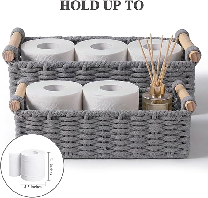 Boho Cotton Rope Storage Baskets Set of 2, Woven Wicker Organizer Bins with Wooden Handles, Small Decorative Boxes for Organizing, Toilet Paper Baskets for Bathroom Countertop, Shelves (Gray 2 Pack)