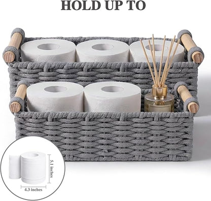 Boho Cotton Rope Storage Baskets Set of 2, Woven Wicker Organizer Bins with Wooden Handles, Small Decorative Boxes for Organizing, Toilet Paper Baskets for Bathroom Countertop, Shelves (Gray 2 Pack)