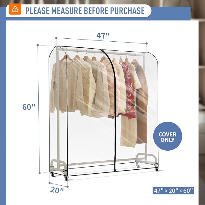 Clear Garment Rack Cover 47" L x 20" W x 60" H, Clothes Rack Cover with Reinforced Zipper, Waterproof PEVA Dustproof Protection – Cover Only, Rack Not Included
